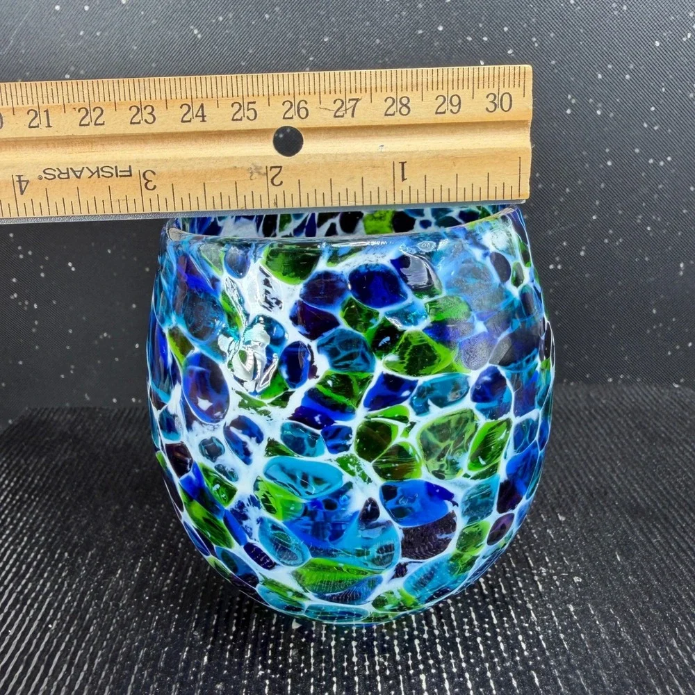 Hand Blown USA Glass Votive Holder Blue Green Purple Confetti Mosaic Cup Glass